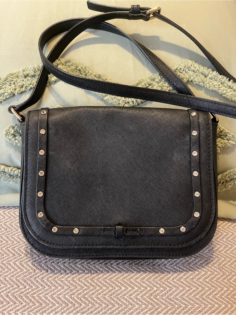 Kate Spade Black Rhinestone Studded Crossbody Bag. 100% cow leather.